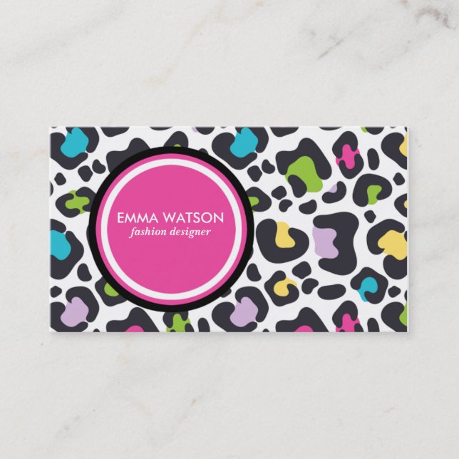 Lisa Frank Style Neon Leopard Print Business Card (Front)