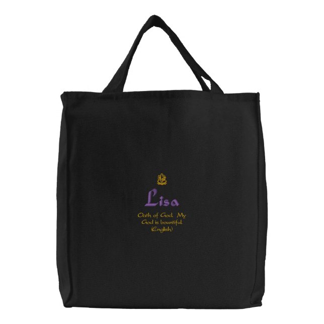Lisa Name With English Meaning Black Embroidered Tote Bag (Front)