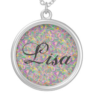 Lisa with abstract art background and inky calligr silver plated necklace