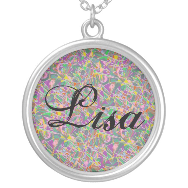 Lisa with abstract art background and inky calligr silver plated necklace (Front)