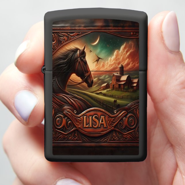 Lisa's Horse and Farm at Dusk Zippo Lighter (In Hand)