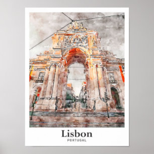 Lisbon Architecture Travel Watercolor Hand Drawn Poster