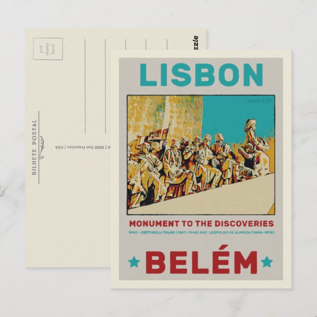 Lisbon Belem statue illustration Portugal Postcard (Front/Back)