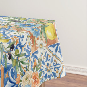 Lisbon Blue Lemon Tile Citrus Home Decor Tablecloth