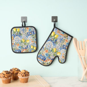Lisbon Blue Lemon Tile Citrus Kitchen Decor Oven Mitt & Pot Holder Set