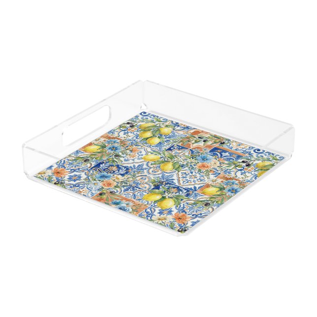 Lisbon Blue Lemon Tile Citrus Mediterranian Decor Acrylic Tray (Angled)
