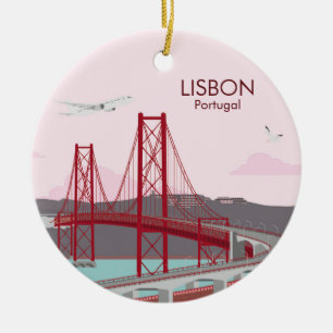 Lisbon bridge over Tagus river in vintage style Ceramic Ornament