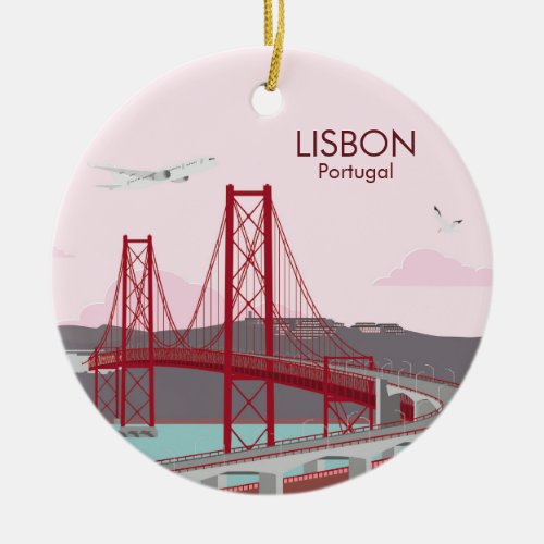 Lisbon bridge over Tagus river in vintage style  Ceramic Ornament