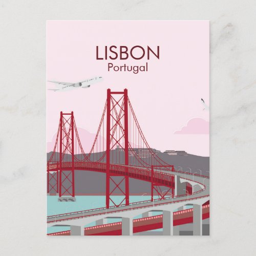 Lisbon bridge over Tagus river in vintage style  Postcard