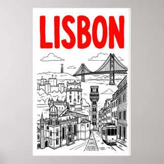 Lisbon Cityscape Art Print - Minimalist Black and
