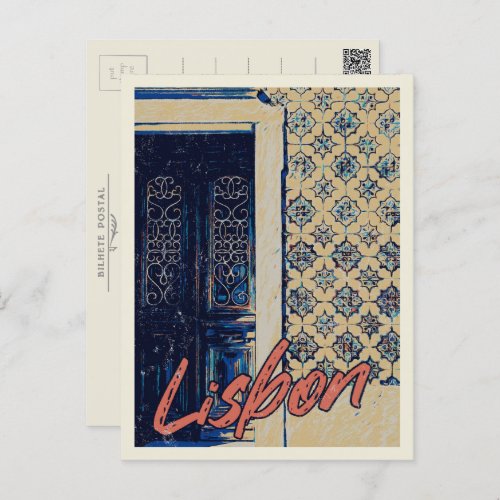 Lisbon door and tiles illustration Portugal Postcard