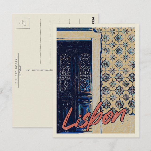 Lisbon door and tiles illustration Portugal Postcard (Front/Back)