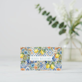 Lisbon Elegant Mediterranean Lemon Tile Pattern Business Card