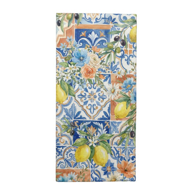 Lisbon Elegant Mediterranean Lemon Tile Pattern Cloth Napkin (Half Fold)