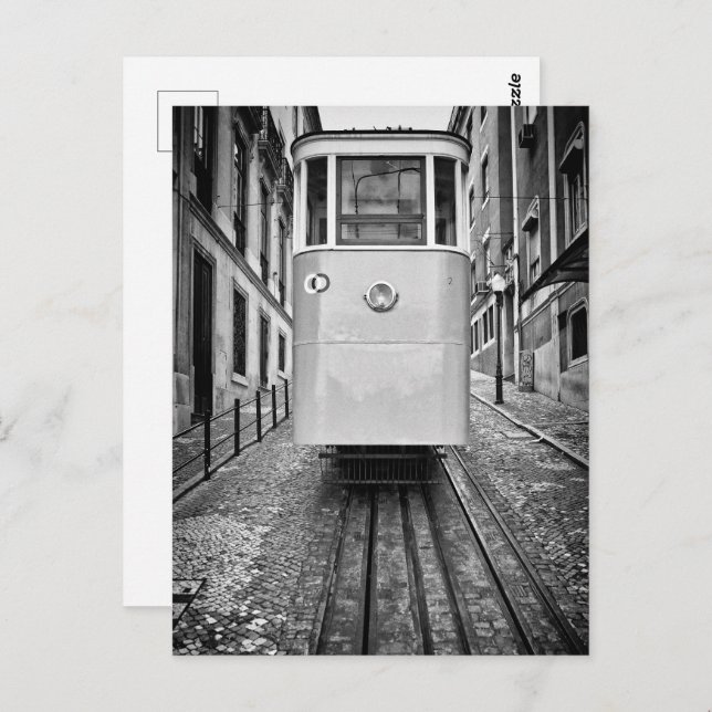 Lisbon Elevador da Gloria Funicular Tram B/W Photo Postcard (Front/Back)
