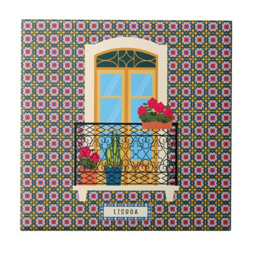 Lisbon house window with plants and tiles