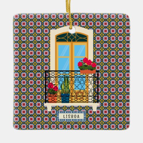 Lisbon house window with plants and tiles ceramic ornament