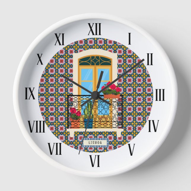 Lisbon house window with plants and tiles clock (Front)