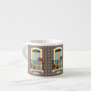 Lisbon house window with plants and tiles espresso cup