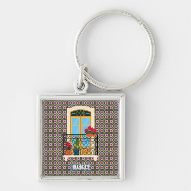 Lisbon house window with plants and tiles keychain (Front)