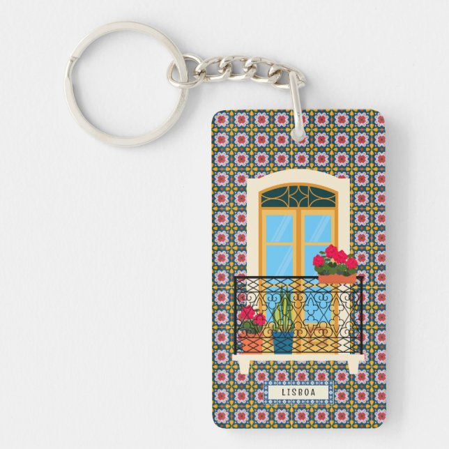 Lisbon house window with plants and tiles keychain (Front)