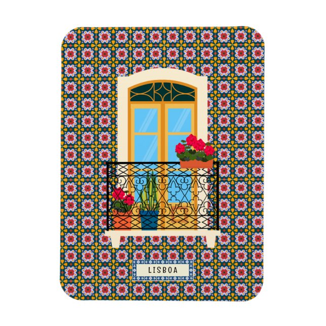 Lisbon house window with plants and tiles magnet (Vertical)