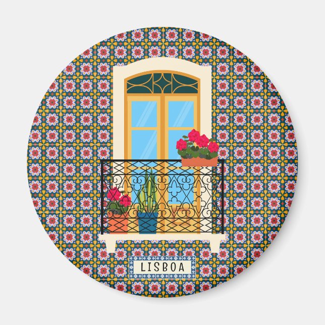 Lisbon house window with plants and tiles magnet (Front)