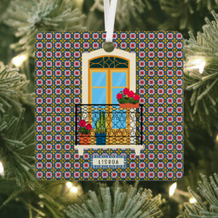 Lisbon house window with plants and tiles metal ornament