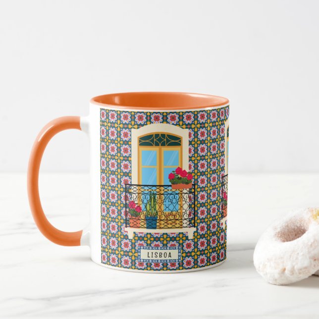 Lisbon house window with plants and tiles mug (With Donut)