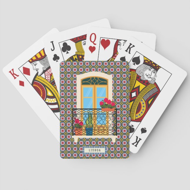 Lisbon house window with plants and tiles poker cards (Back)