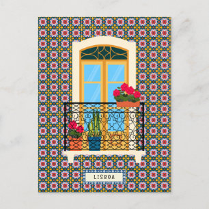 Lisbon house window with plants and tiles postcard