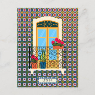 Lisbon house window with plants and tiles postcard