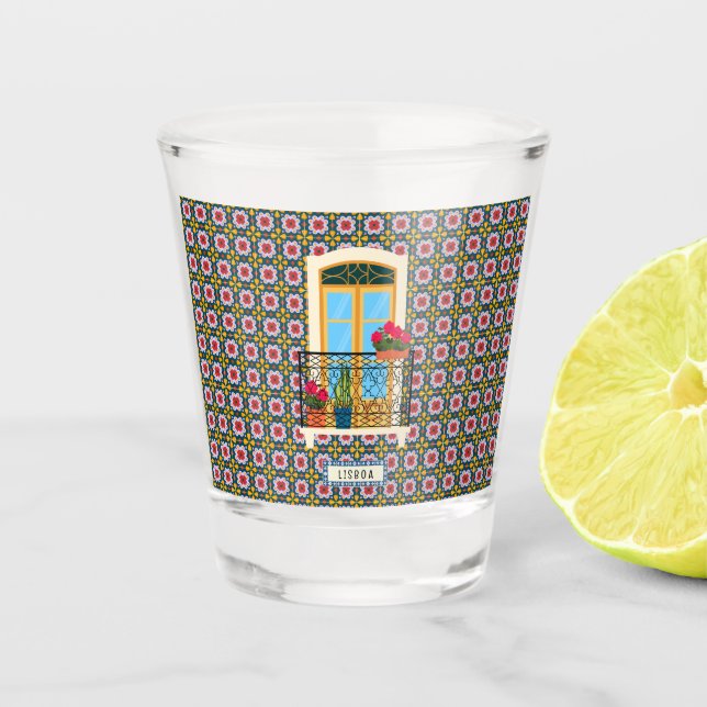 Lisbon house window with plants and tiles shot glass (Front)