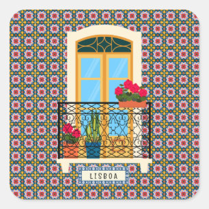Lisbon house window with plants and tiles square sticker