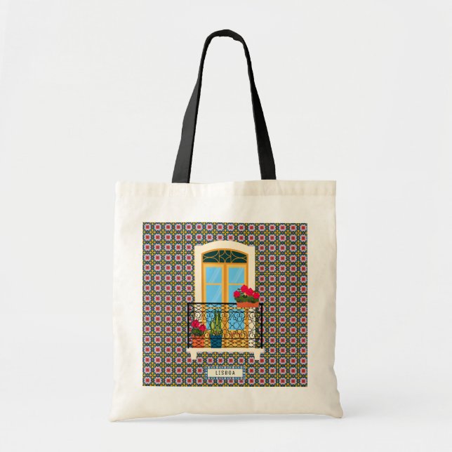 Lisbon house window with plants and tiles tote bag (Front)