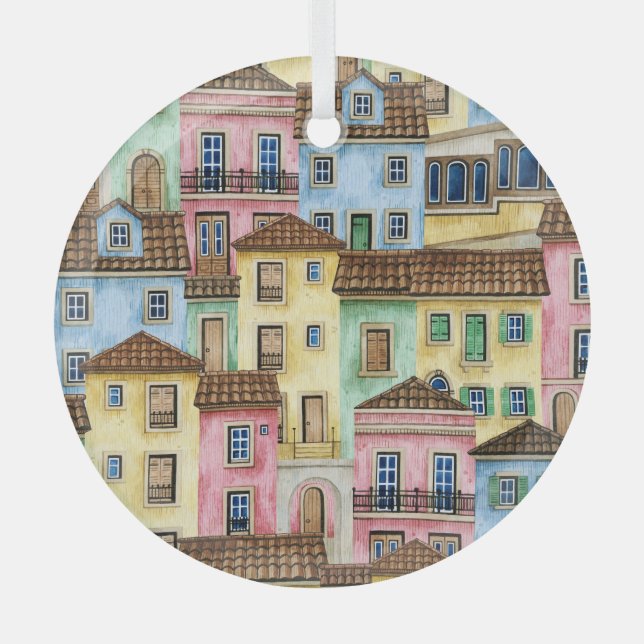 Lisbon Houses: Watercolor Funicular Pattern. Glass Ornament (Front)