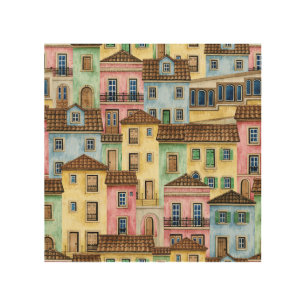 Lisbon Houses: Watercolor Funicular Pattern. Wood Wall Art