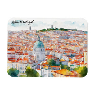 Lisbon Portgual Watercolor Panorama View Magnet