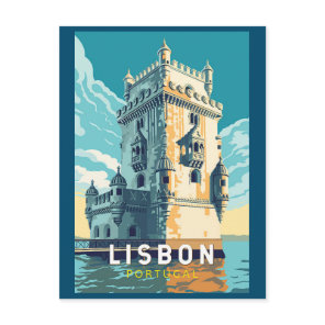 Lisbon Portugal Belem Tower Travel Art Vintage Postcard