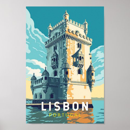 Lisbon Portugal Belem Tower Travel Art Vintage Poster
