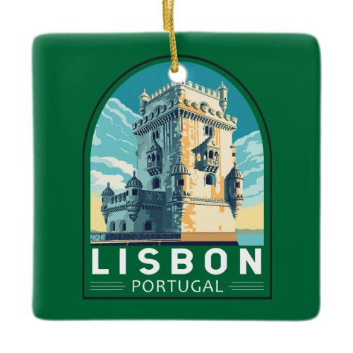 Lisbon Portugal Belem Tower Travel Retro Emblem Ceramic Ornament