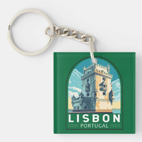 Lisbon Portugal Belem Tower Travel Retro Emblem Keychain