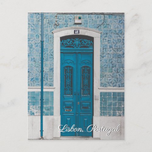 Lisbon Portugal blue door travel postcard