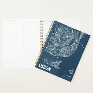 Lisbon Portugal City Map Line Art Blue Planner