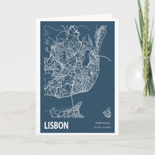 Lisbon Portugal City Map Line Art Blue Print Card