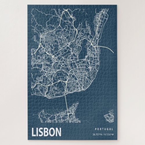 Lisbon Portugal City Map Line Art Blue Print Jigsaw Puzzle