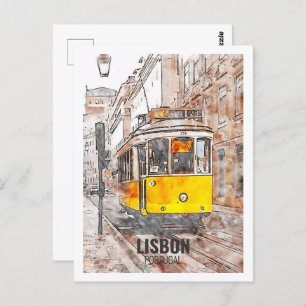 Lisbon Portugal Famous Travel Watercolor Sketch Postcard