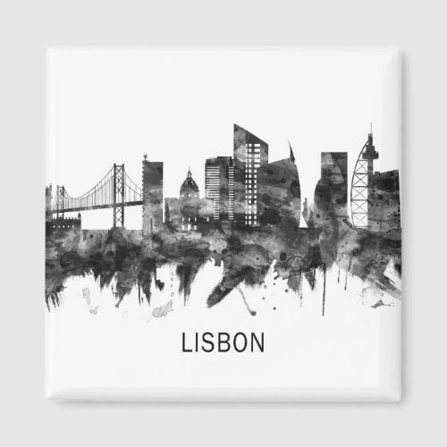 Lisbon Portugal Skyline BW Magnet