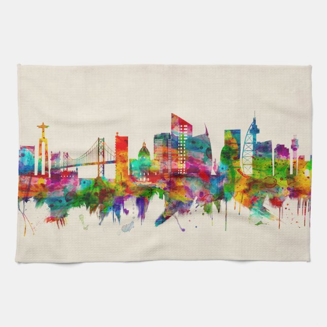 Lisbon Portugal Skyline Kitchen Towel (Horizontal)