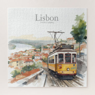 Lisbon Portugal skyline - Vintage tram Travel Art  Jigsaw Puzzle